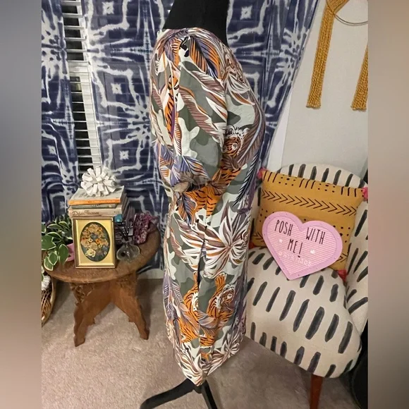 Women’s Topshop Short Sleeve Tiger and Camo Print Shift Dress Spring Vacay Sz L - Picture 8 of 14
